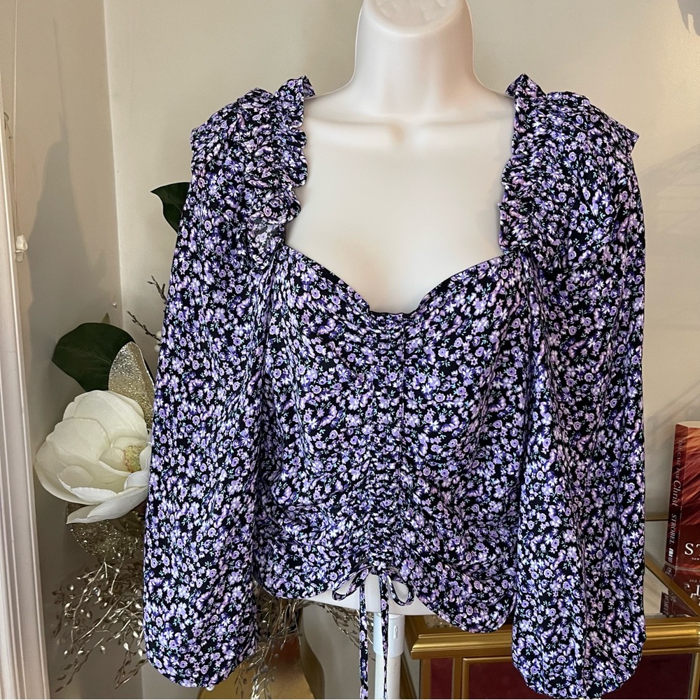 Zara Sweetheart Neckline Purple layered Ruffle Shoulders Floral Garden Blouse